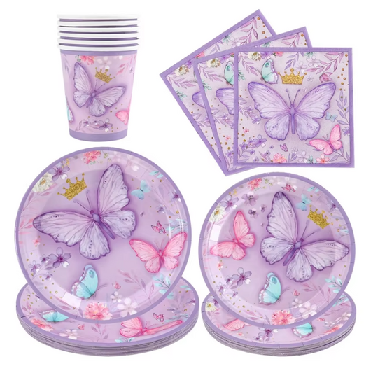 Purple Butterfly Theme Dinnerware Plates, Cups, Napkins