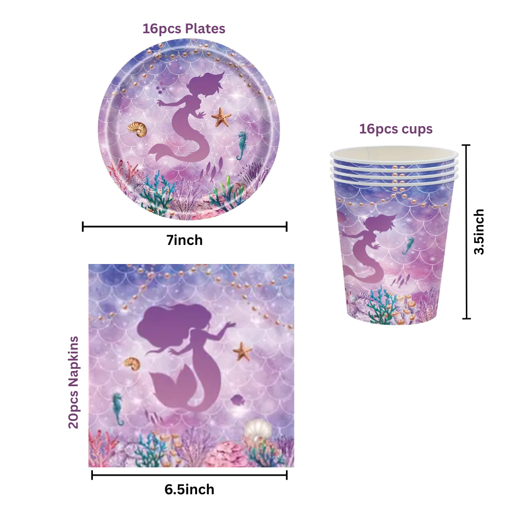 Purple Mermaid Dinnerware, Plates, Cup, Napkins