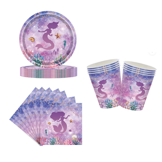 Purple Mermaid Dinnerware, Plates, Cup, Napkins