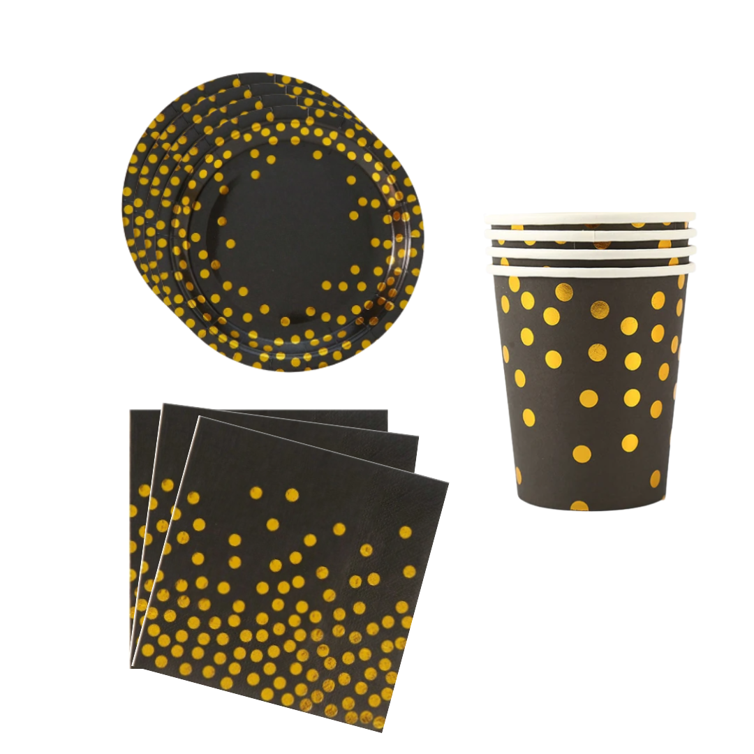 Black and gold Polka dot Dinnerware, Plates, cups, Napkins