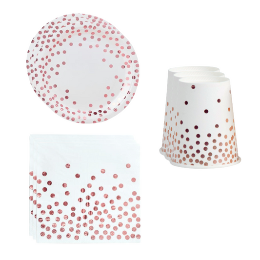 White and Rose gold Polka dot Dinnerware, Plates, cups, Napkins