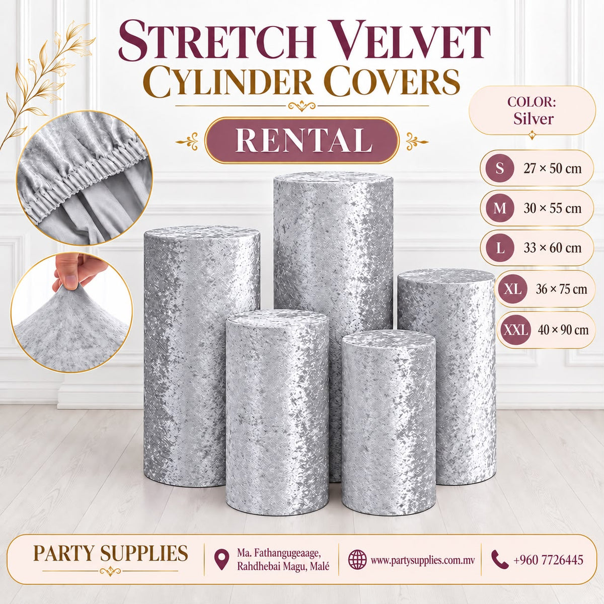 Silver Stretch Velvet Cylinder Covers for RENT