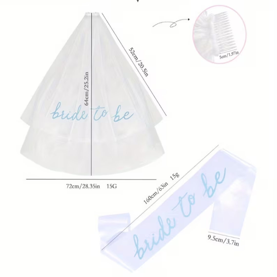 2pcs Blue and White Bride to be Sash and Veil Set