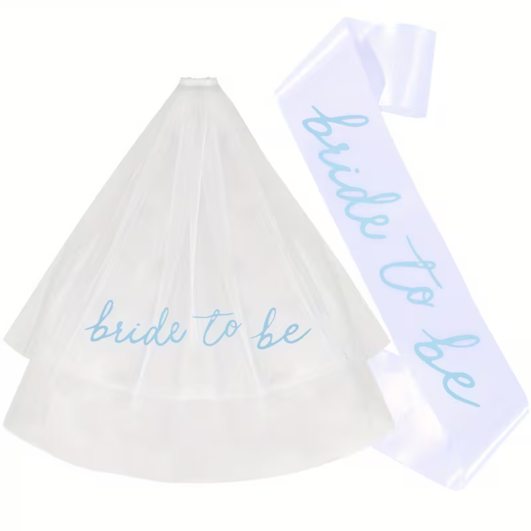 2pcs Blue and White Bride to be Sash and Veil Set