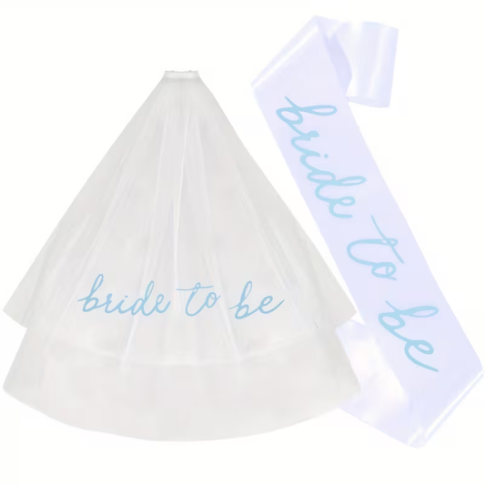 2pcs Blue and White Bride to be Sash and Veil Set