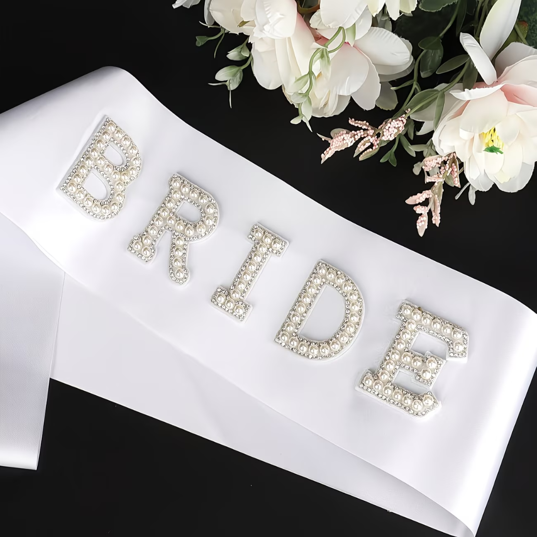 BRIDE White Pearl and Rhinestone Sash