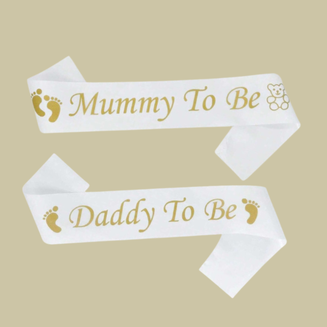 Gold in White sash Mummy to be and Daddy to be