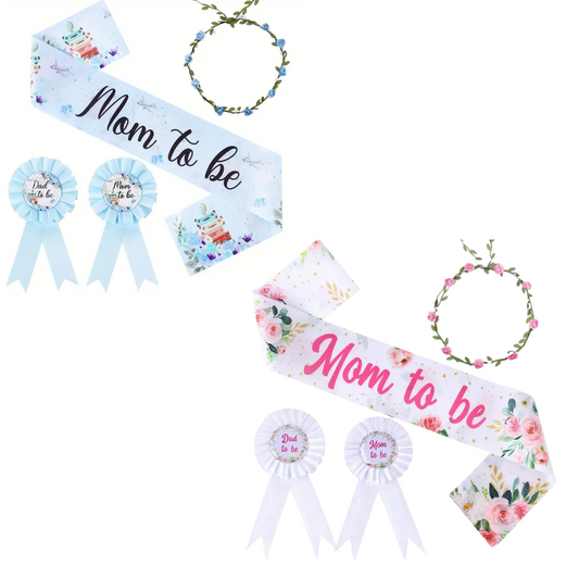 Mom to be, Dad to be Sash and Headband Baby Shower Gender Reveal Set
