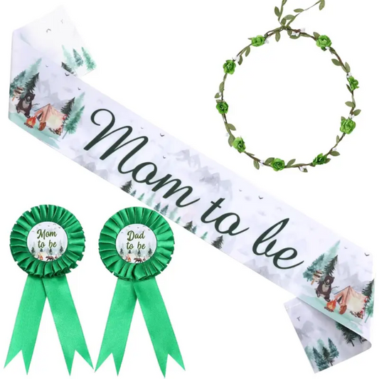 Mom to be, Dad to be Sash and Headband Baby Shower Gender Reveal Green Set