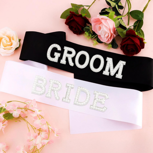 2pcs Bride & Groom Sparkling Pearl Sash