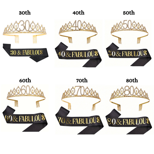2pcs 30th 40th 50th 60th 70th 80th Birthday Sash and Crown