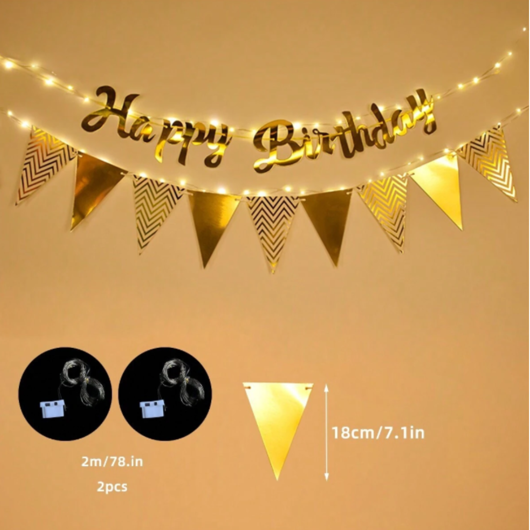 Happy Birthday Banner with Flag and Led Lights