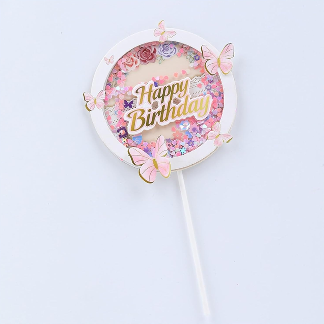 Pink Glitter Butterfly Theme Round Shaped Cake Topper