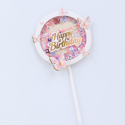 Pink Glitter Butterfly Theme Round Shaped Cake Topper