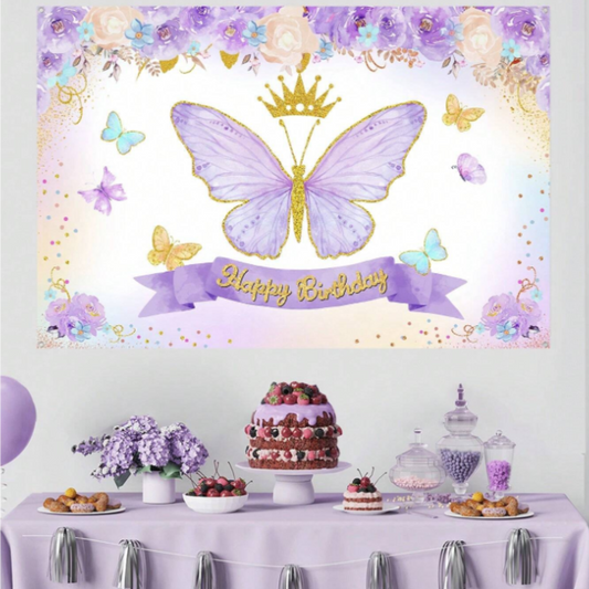 Purple Butterfly Flower Birthday Backdrop
