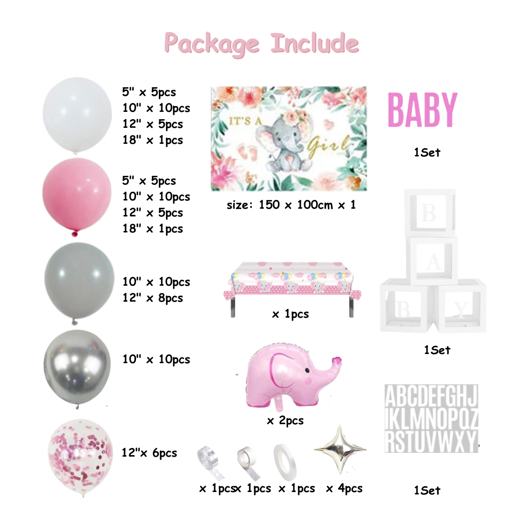98pcs Baby Girl Pink Elephant  Baby Shower Balloons