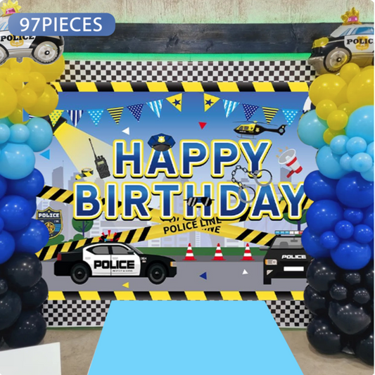 97pcs Police Theme Balloons Garland Kit with Backdrop and Table Cover