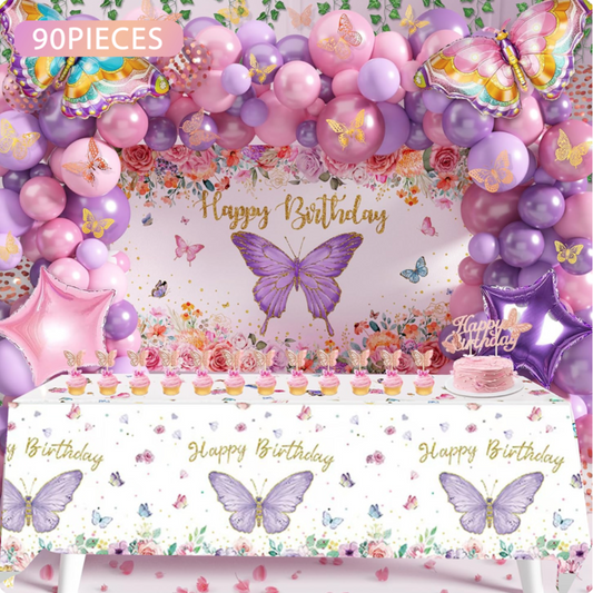 90pcs Purple Butterfly Balloons Garland Arch Kit with Backdrop and Table cover