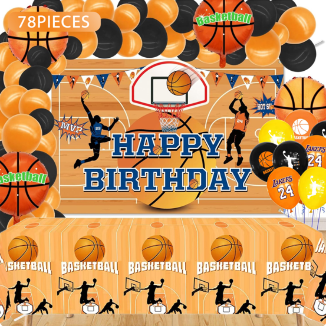 78pcs Basketball Birthday Balloons Garland Kit with Backdrop and Table Cover