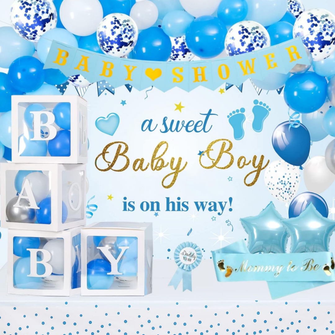 98pcs Baby Boy Blue Baby Shower Balloons with Backdrop and Table Cover