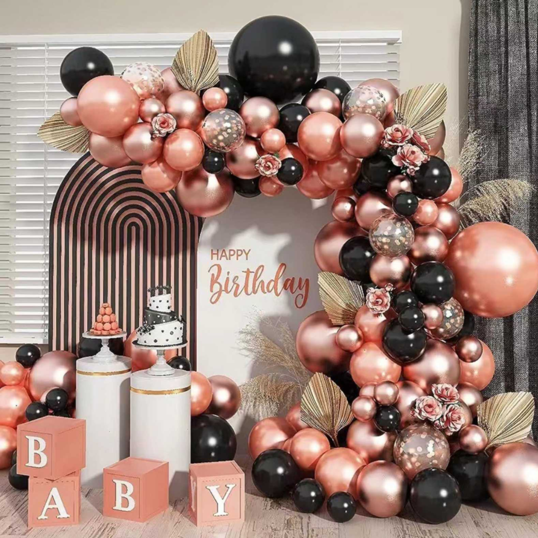 130pcs Rose Gold Black Balloons Garland Kit