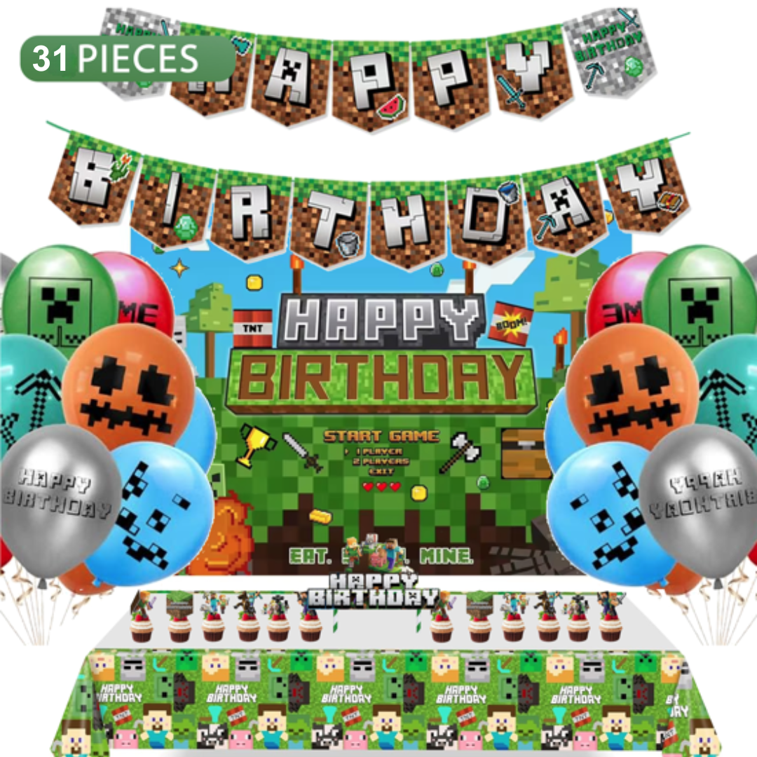 31pcs Minecraft Birthday Decorations with Backdrop and Table Cover