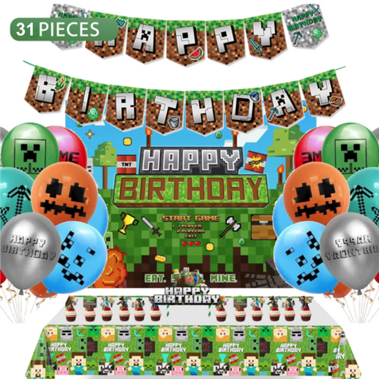 31pcs Minecraft Birthday Decorations with Backdrop and Table Cover