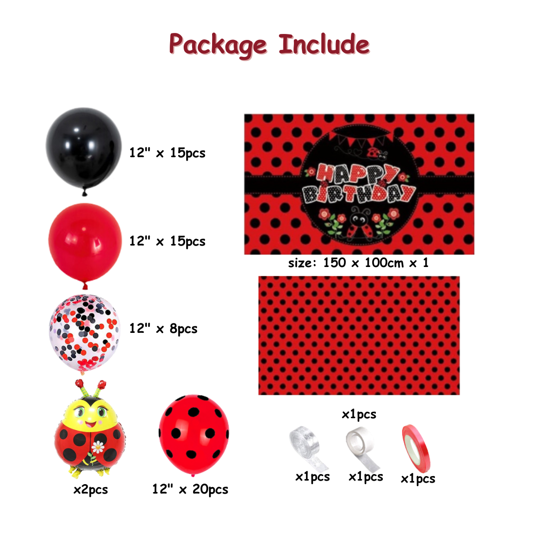 66pcs Red Ladybug Birthday Decorations with Backdrop and Table Cover