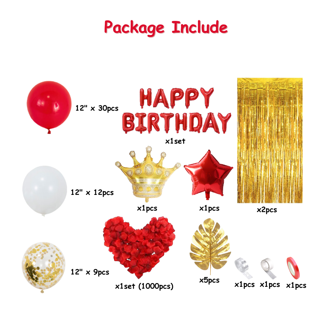 65pcs Red and Gold Birthday Decorations with Banner, Rose Petals and Gold Leaves