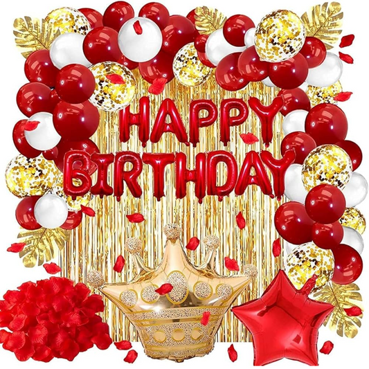 65pcs Red and Gold Birthday Decorations with Banner, Rose Petals and Gold Leaves