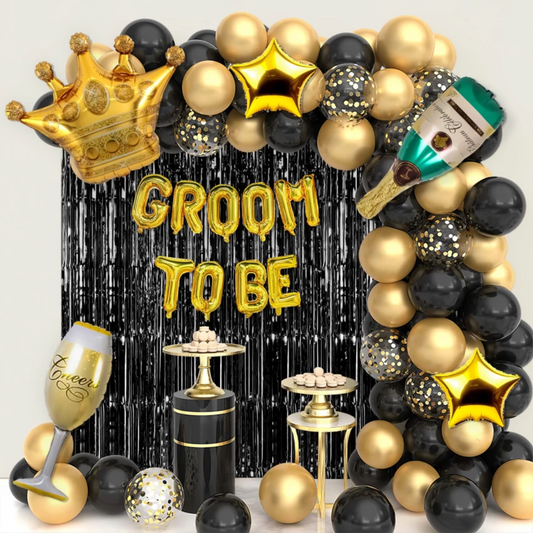 74pcs Black and Gold Groom to be Decorations Kit with Banner and Foil Curtains