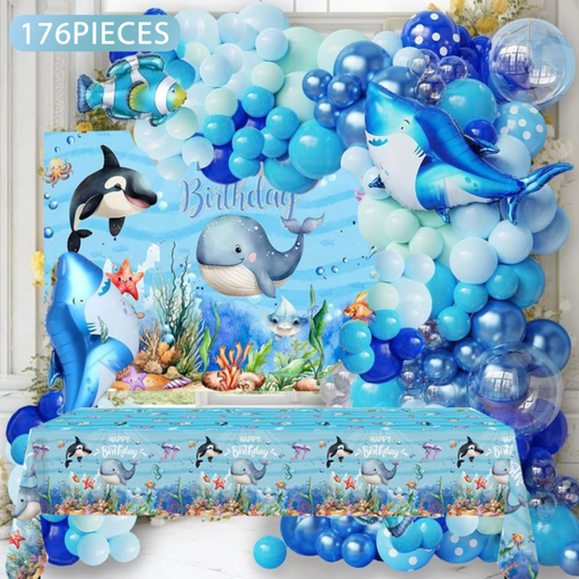 177pcs Ocean Theme Birthday Decoration Kit with Backdrop and Table Cover