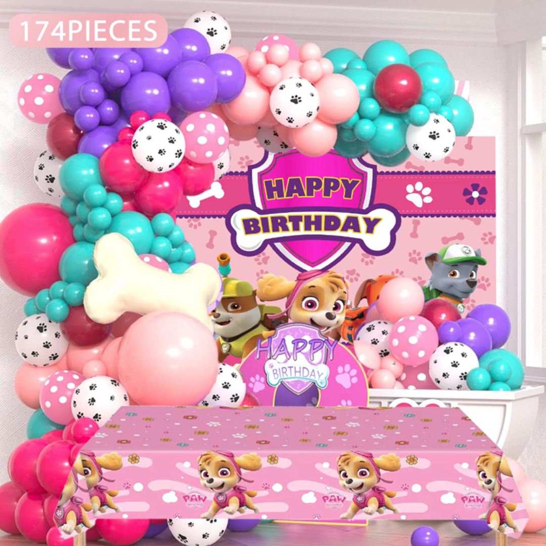 174pcs Pink Girl Paw Patrol Birthday Balloon Decoration Garland Kit with Backdrop and Table Cover