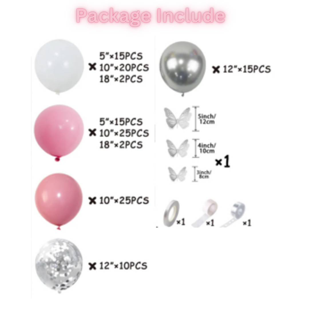 133pcs Pink and Silver Butterfly Balloon Decorations Kit