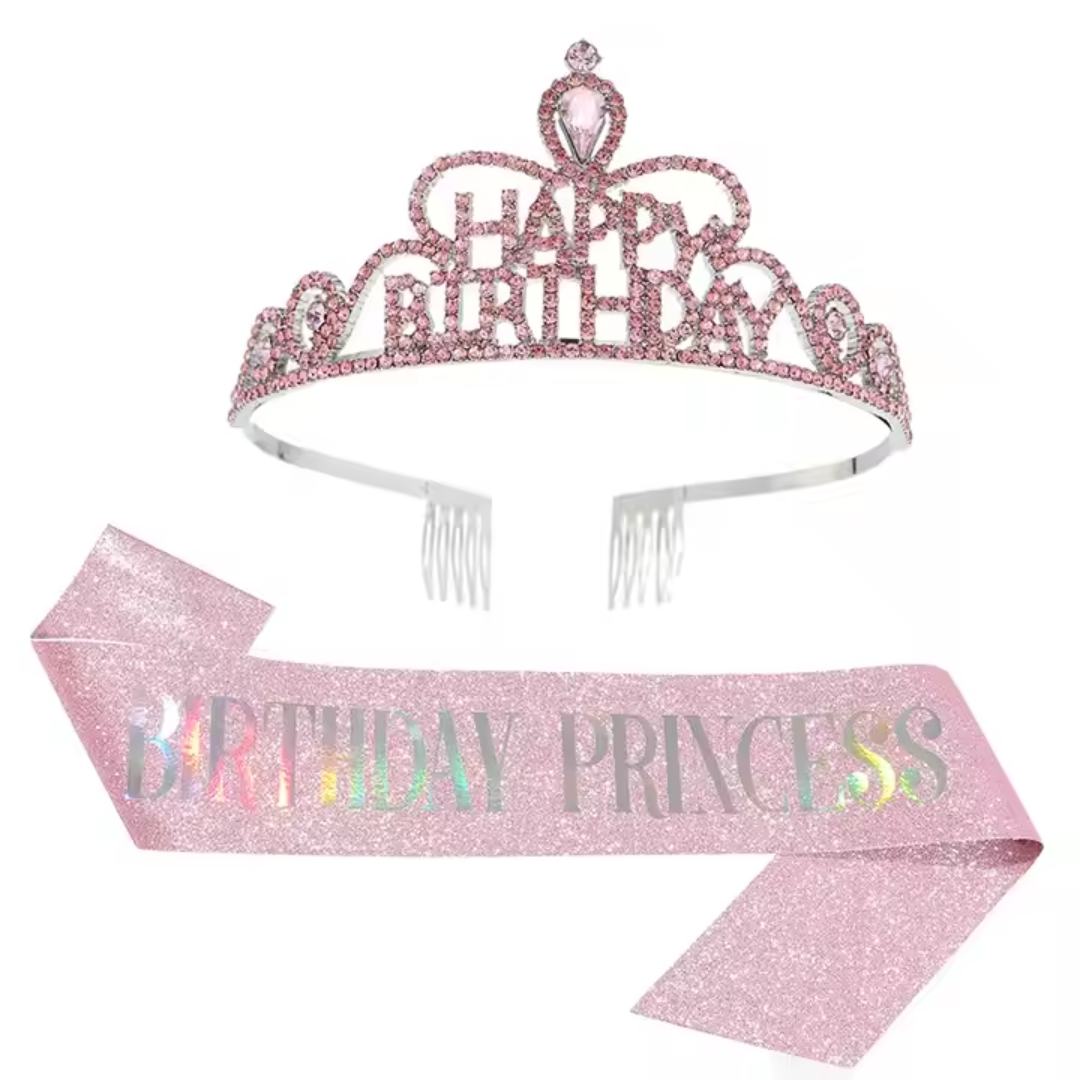 Pink Birthday Princess Sash & Crown Set
