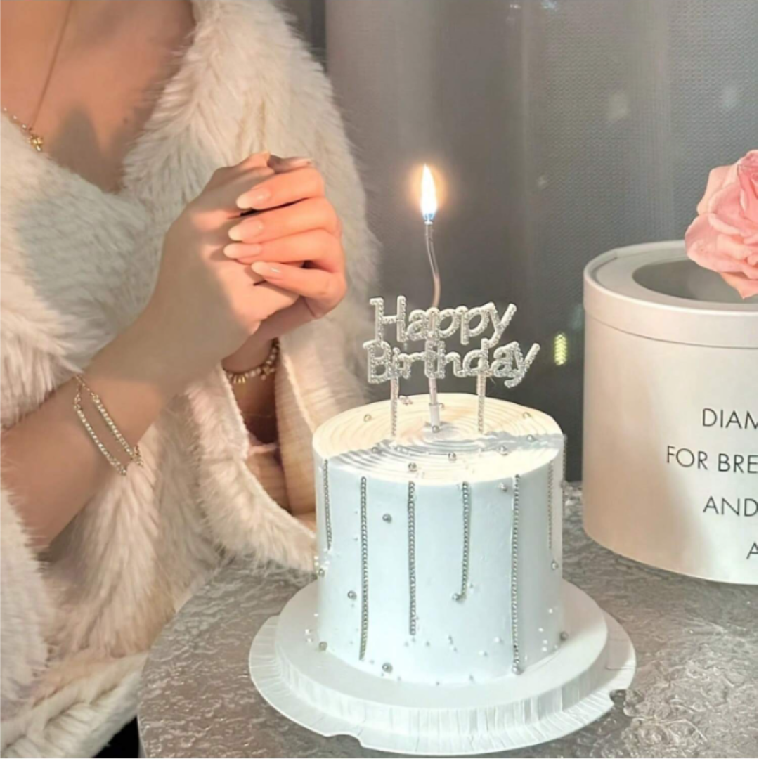 Silver Rhinestone Happy Birthday Cake Topper