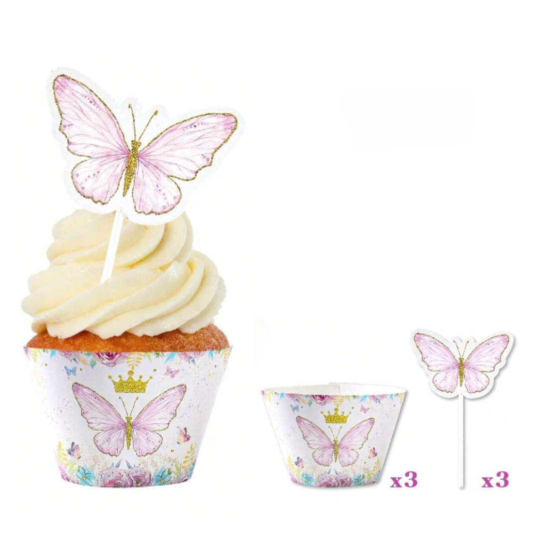 6pcs Pink Butterfly Theme Cupcake Toppers