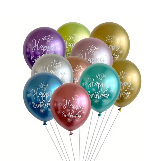 10pcs Chrome Happy Birthday Metallic Latex Balloons