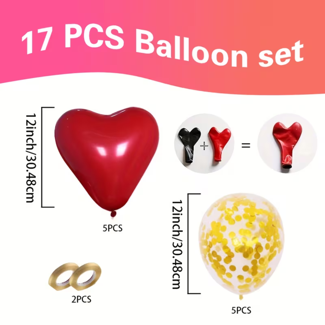 17pcs Red Heart & Gold Sequin Balloon Set