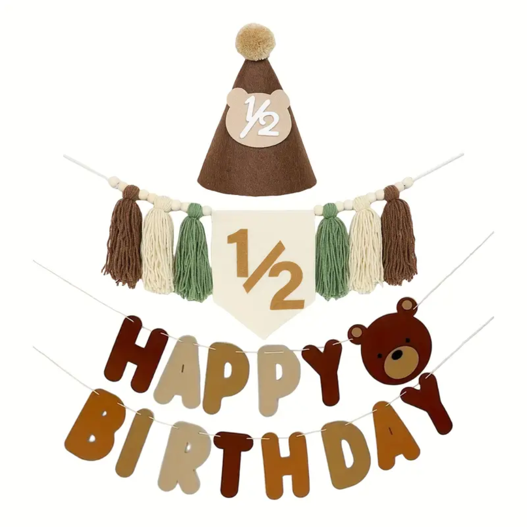 3pcs Bear Theme 1/2 Birthday Highchair Banner, Bunting and Hat