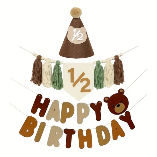 3pcs Bear Theme 1/2 Birthday Highchair Banner, Bunting and Hat