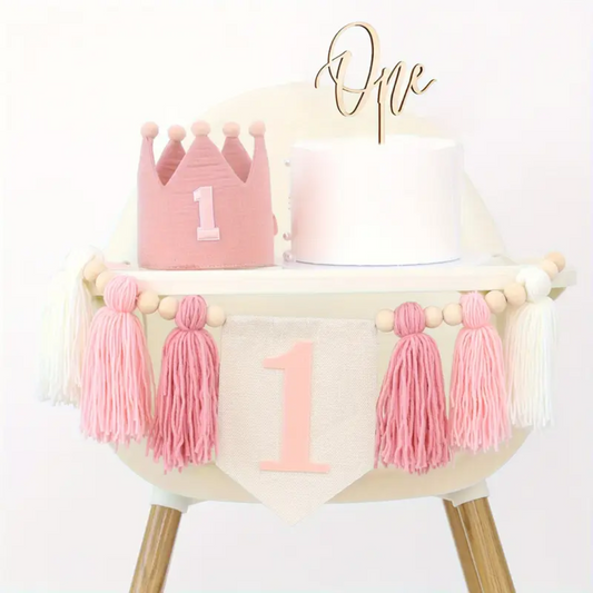 3pcs One first Pink Birthday Banner, Hat and Cake Topper