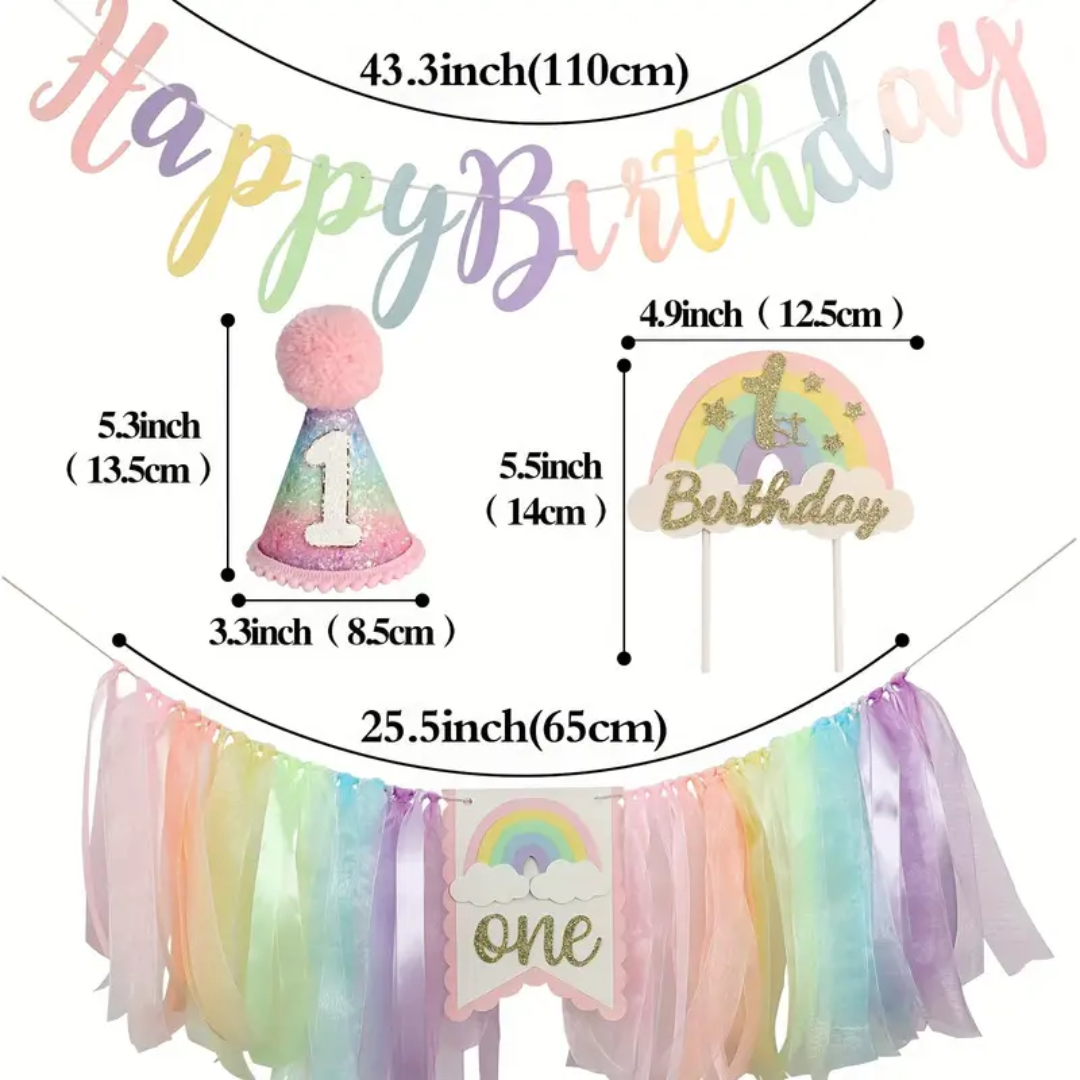 4pcs Macaron Colorful Rainbow One First Birthday Decoration with Highchair banner and Hat