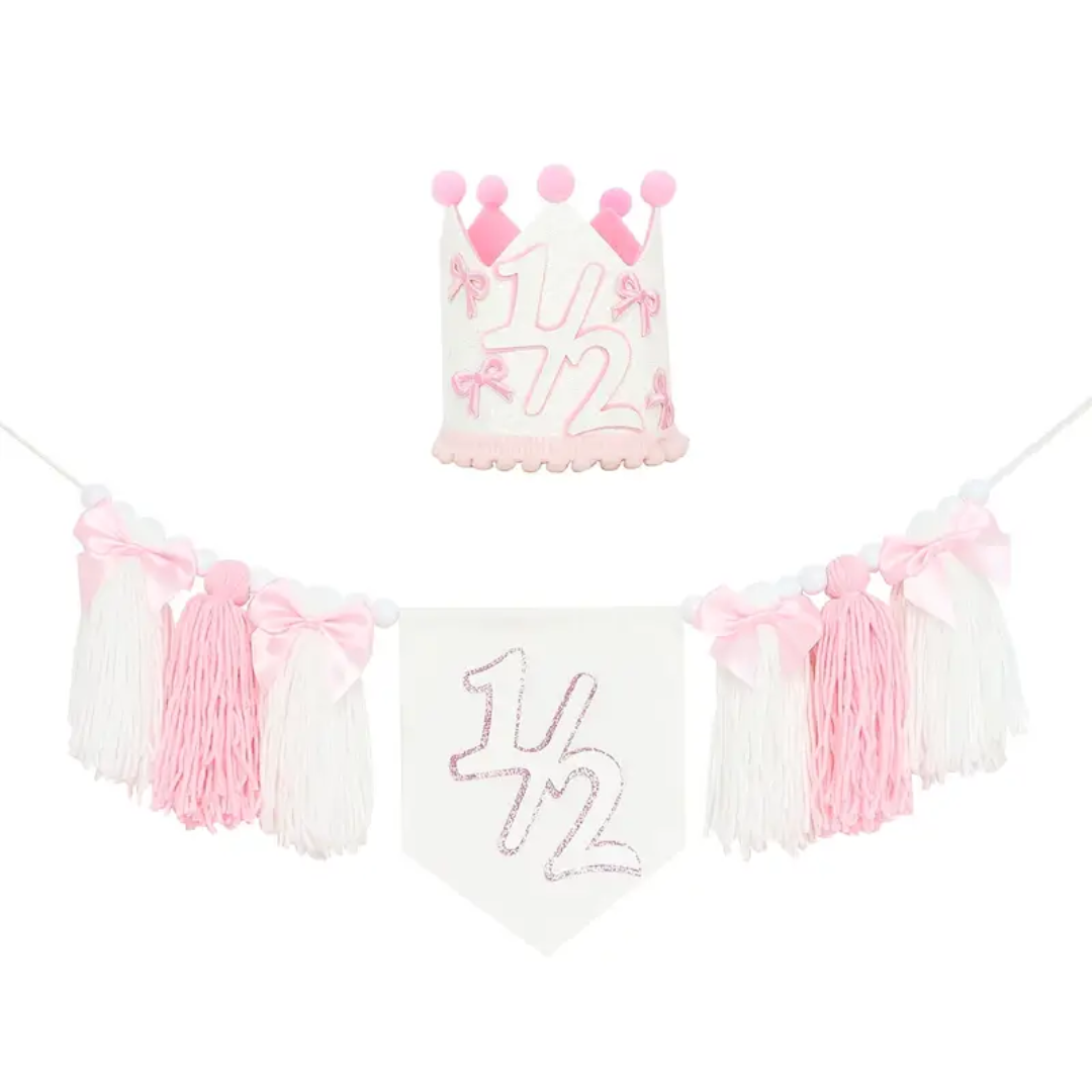 2pcs 1/2 Year Bow Birthday Party Decor Kit with Pink Crown and Banner
