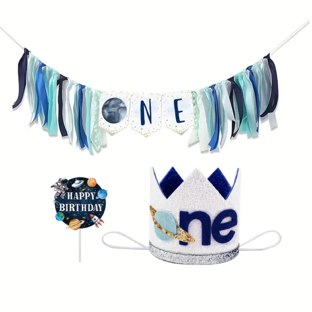 Outer Space Theme 1st Happy Birthday One Highchair Banner Cake Topper and Hat