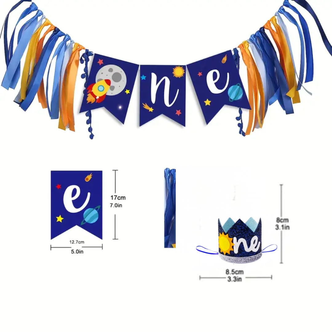 Outer Space Theme 1st Happy Birthday One Highchair Banner and Hat