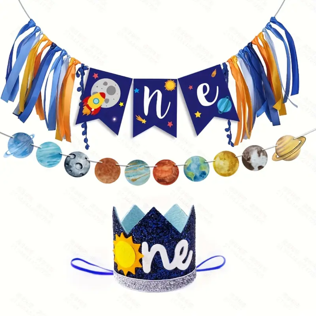 Outer Space Theme 1st Happy Birthday One Highchair Banner and Hat
