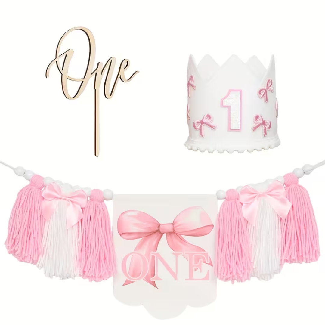 3pcs One first Bow Birthday Banner, Hat and Cake Topper