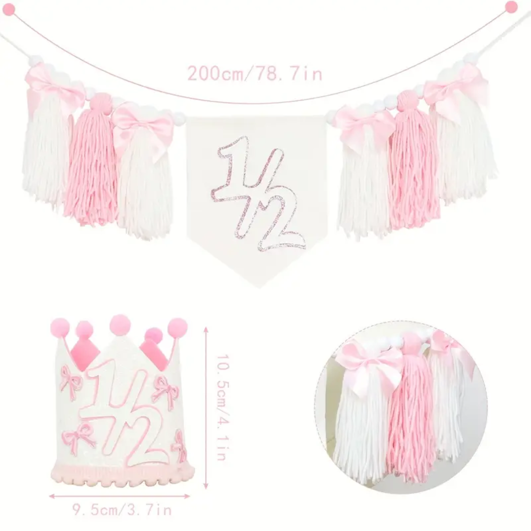 2pcs 1/2 Year Bow Birthday Party Decor Kit with Pink Crown and Banner