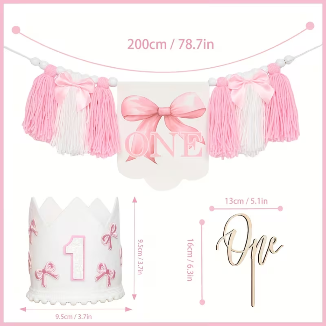 3pcs One first Bow Birthday Banner, Hat and Cake Topper
